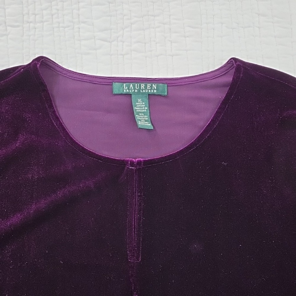 Lauren Ralph Lauren Blouse Womens XL Purple Velvet Velour Tunic Top Green Label - Picture 7 of 16